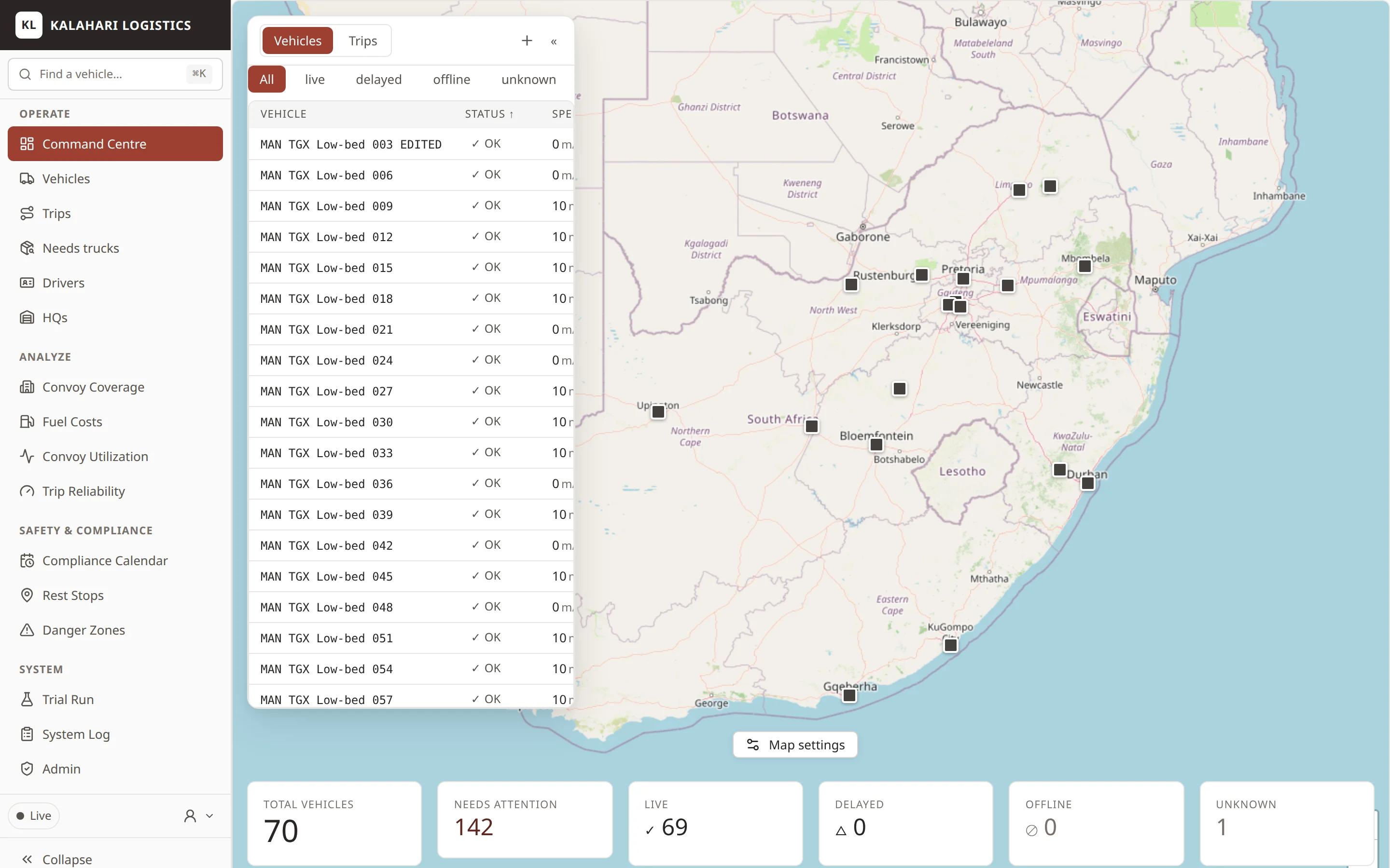 Command centre: map of South Africa with vehicle markers, a filterable vehicle list and fleet status counts