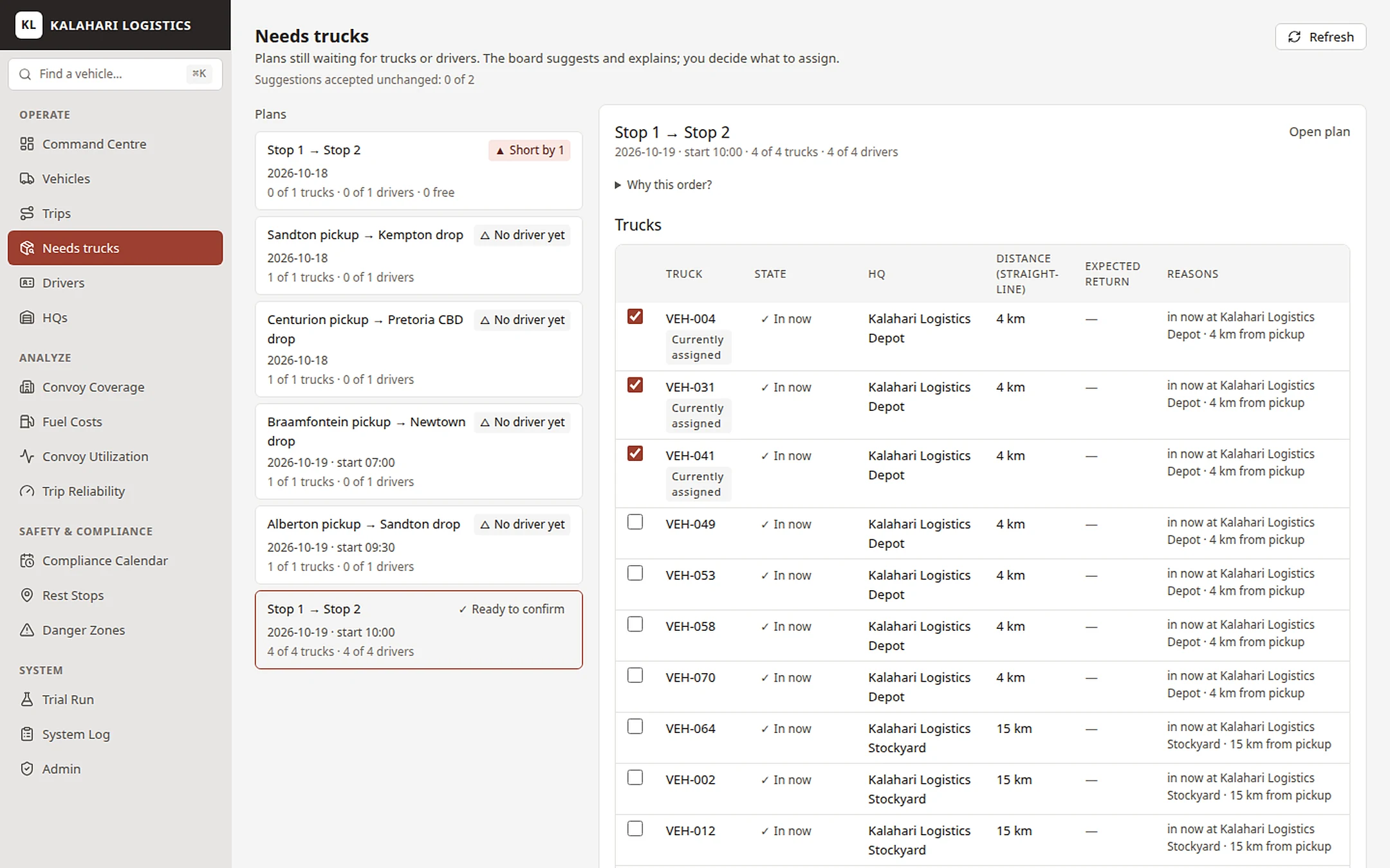 Needs-trucks board listing plans waiting for trucks, with candidate trucks ranked by distance and availability