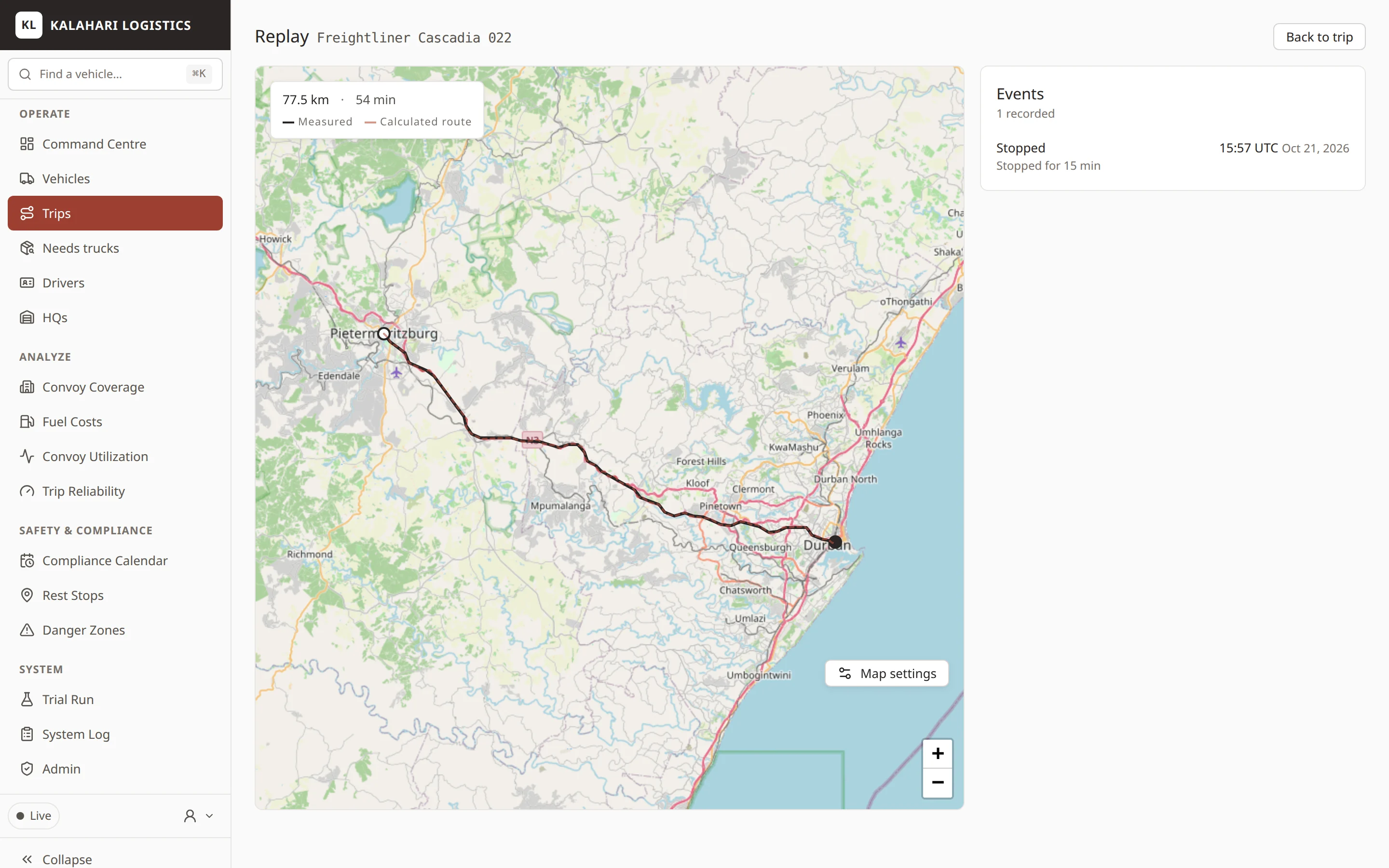 Trip replay map from Pietermaritzburg to Durban showing a 77.5 km, 54 minute route with measured and calculated segments
