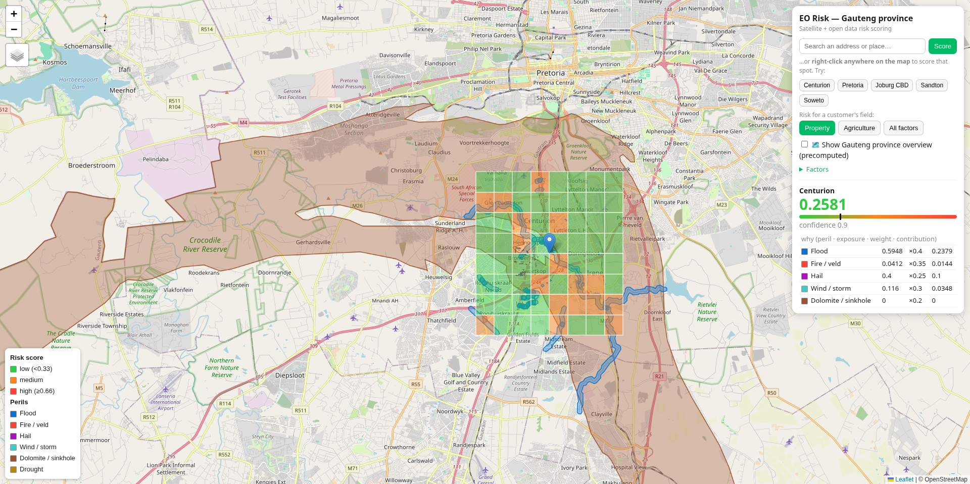 EO Risk — Centurion scored at 0.2581 with dolomite and flood zones visible