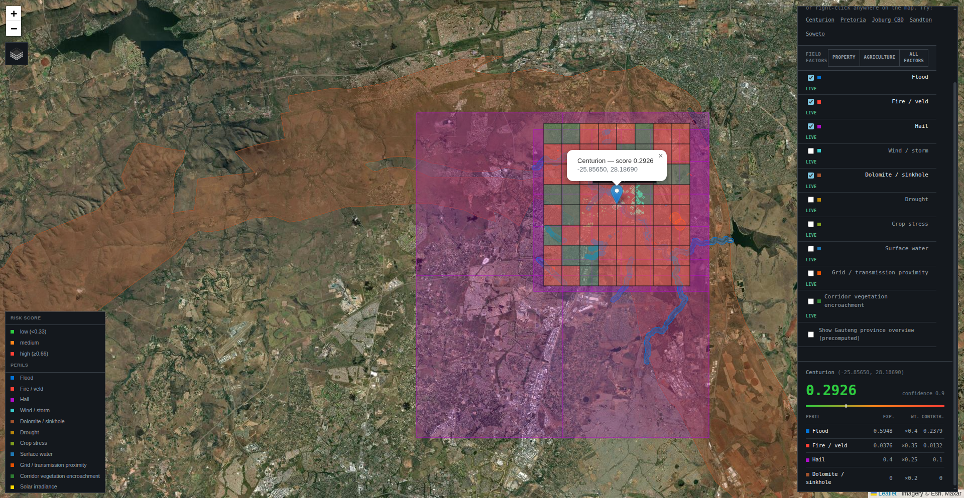 EO Risk — Centurion scored at 0.2926 on a satellite basemap with dolomite extent and flood/hail contributions