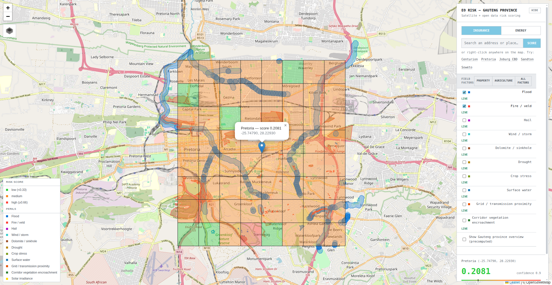 EO Risk — Gauteng Province console showing Pretoria scored at 0.2081 with Insurance/Energy toggle