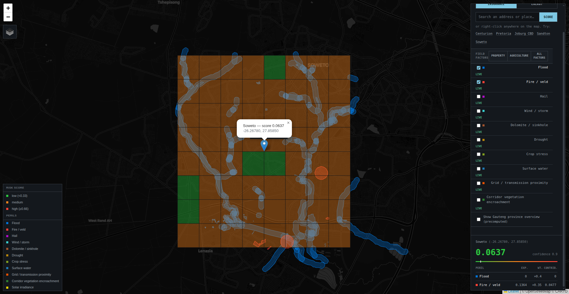 EO Risk — Soweto scored at 0.0637 on the area grid with flood and fire/veld overlays live