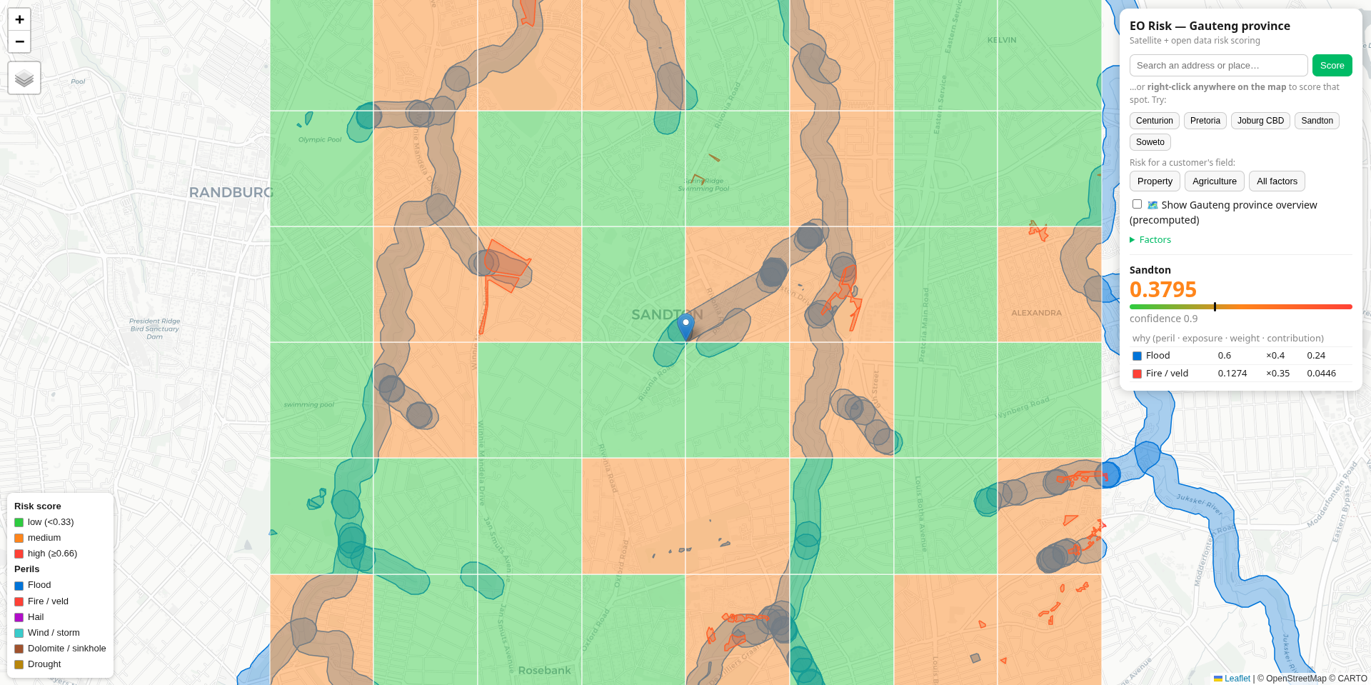 EO Risk area score — Sandton zoomed in with active flood, fire and hail overlays