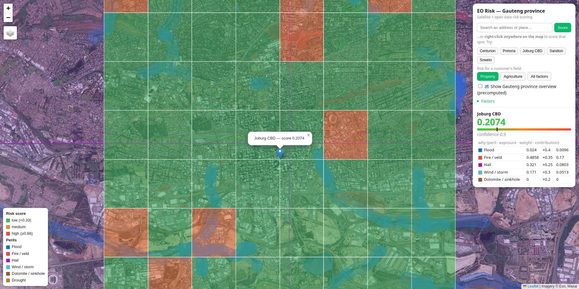 EO Risk Platform — Joburg CBD risk score on satellite basemap with peril overlays