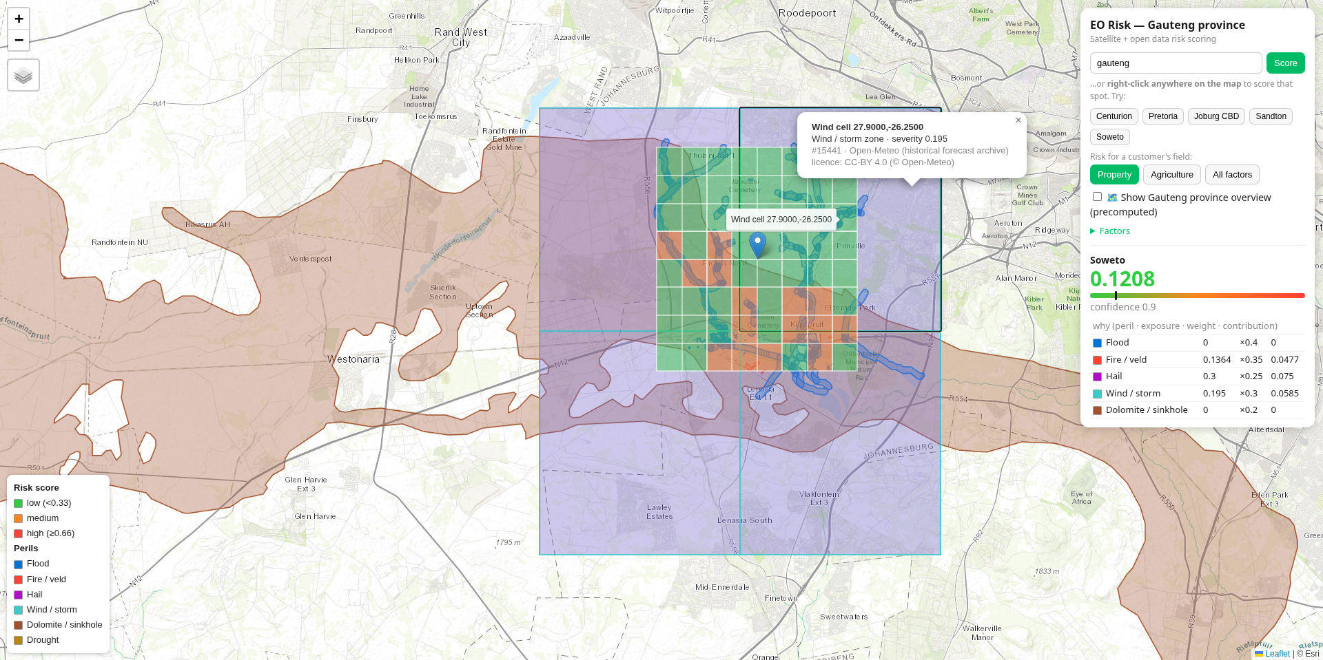 EO Risk — Soweto scored at 0.1208 with wind cell tooltip showing Open-Meteo source